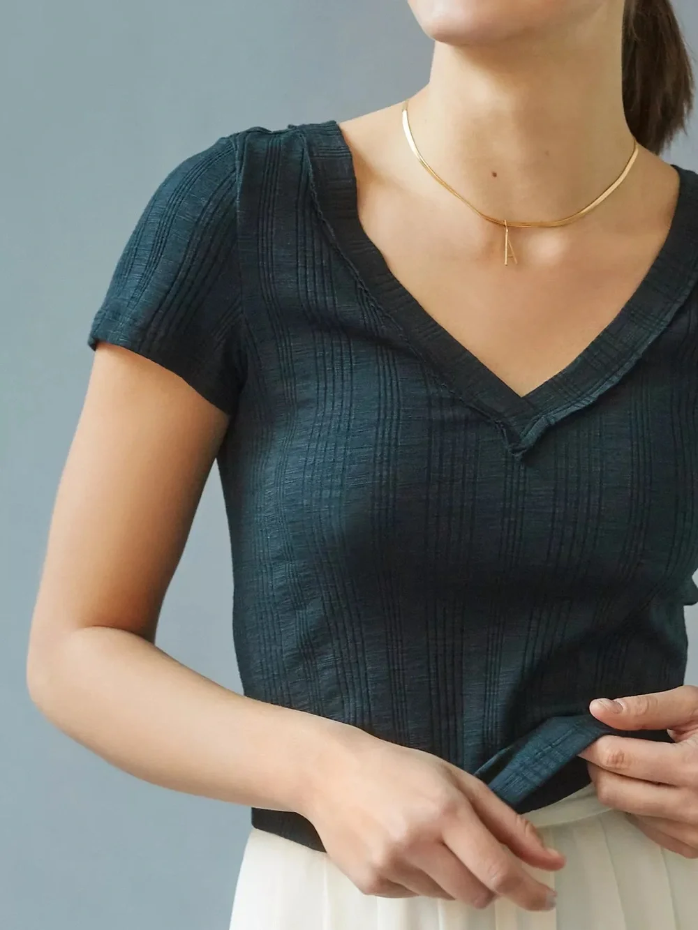Pilcro Anthropologie Black Ribbed Double V Tee Medium